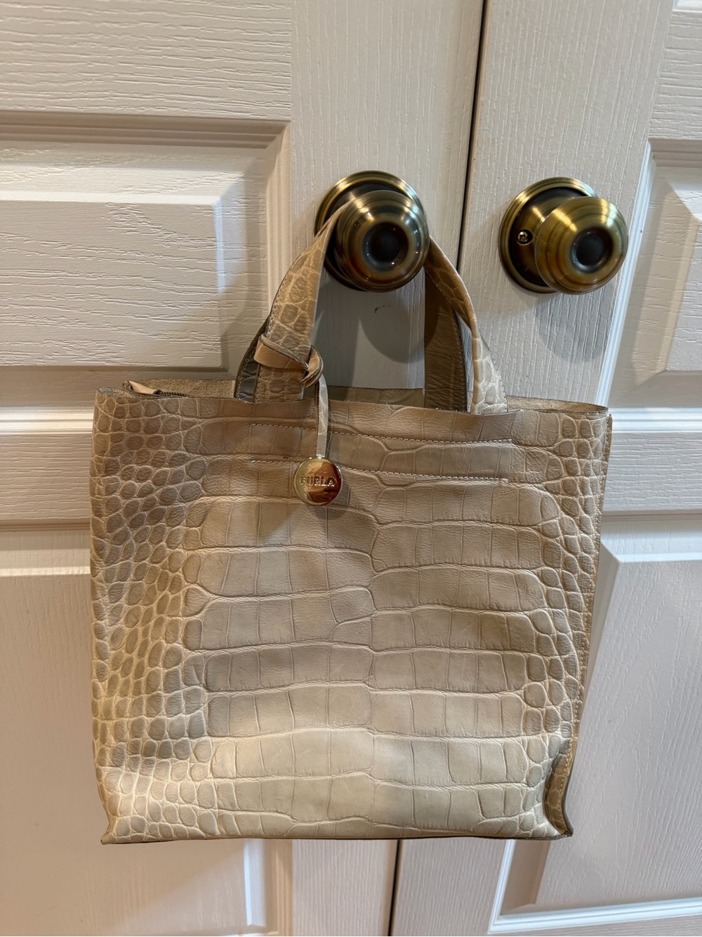 Furla Croc-Embossed Cream Tote with Gold Logo Charm